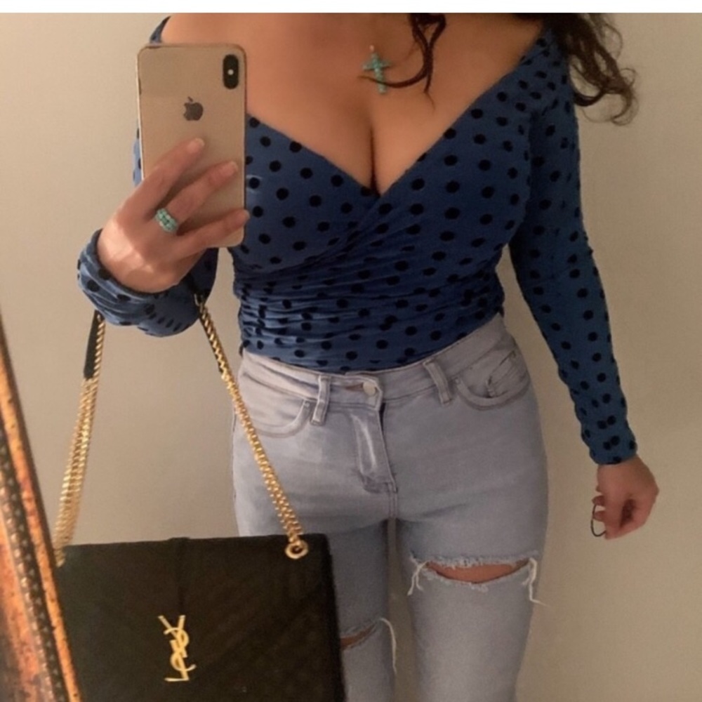 Lovers + Friends Blue Polka Dot Wrap Top